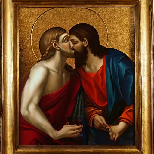 Prompt: 1 8 th oil panting of a jesus kissing a woman