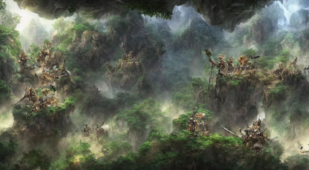 Prompt: portrait of anthropomorphic cat soldiers traveling in the jungle underneath big mountains with giant clouds, facing the camera, professional digital painting by rembrandt and akira toriyama, volumetric and cinematic lighting, d & d, artstation, extremely detailed 8 k