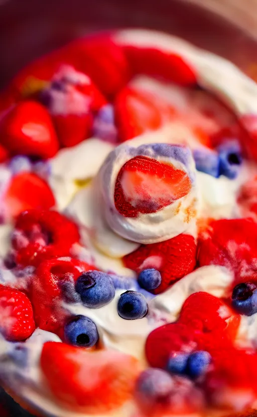 Image similar to A photo of a swedish cake from the side on a wooden table, with cream spread on the sides and strawberries, raspberries and blueberries placed in circles on top. Sunset. 4K. Cinematic lighting. High detail. Realistic. Delicious.