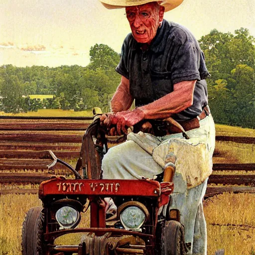 Image similar to high quality high detail painting by norman rockwell, hd, old man on tractor, big eyes, muted pastel colors, photorealistic lighting