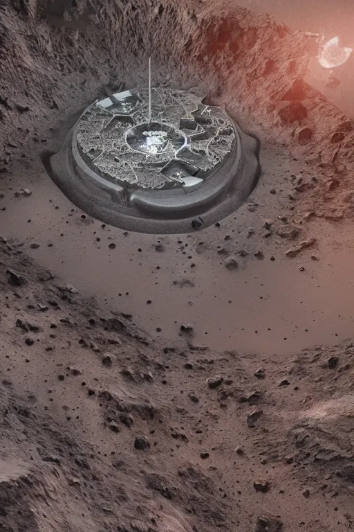 Image similar to beautiful cinematic scene of small research lab brutalist design in a crater in the middle of the desert of Mars planet, red ambient, concept art by yoshitaka amano and H.R. Giger, intricate detail, 8k, featured art