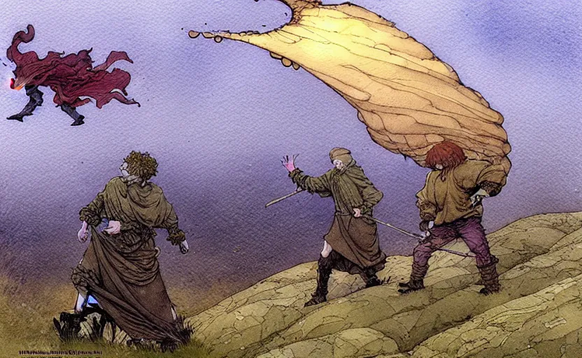 Image similar to a hyperrealist watercolour concept art of a flying brick. it is a misty night on the moors of ireland. by rebecca guay, michael kaluta, charles vess and jean moebius giraud