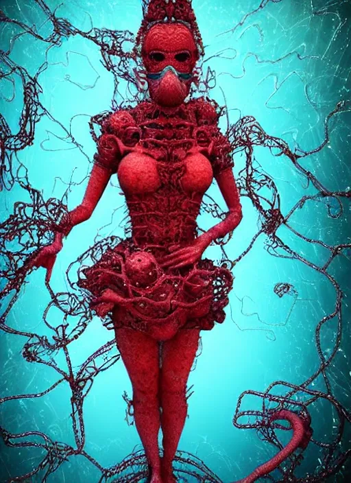 Image similar to hyper detailed 3d render like a sculpture - profile subsurface scattering (a beautiful fae princess gas mask protective playful expressive from that looks like a borg queen wearing a vintage pannier ball gown) seen red carpet photoshoot in UVIVF posing in pool of turbulent water to Eat bite of the Strangling network of yellowcake aerochrome and milky Fruit and His delicate Hands hold of gossamer polyp blossoms bring iridescent fungal flowers whose spores black the foolish stars by Jacek Yerka, Ilya Kuvshinov, Mariusz Lewandowski, Houdini algorithmic generative render, golen ratio, Abstract brush strokes, Masterpiece, Victor Nizovtsev and James Gilleard, Zdzislaw Beksinski, Tom Whalen, Mark Ryden, Wolfgang Lettl, Grant Wood, octane render, 8k, maxwell render, siggraph