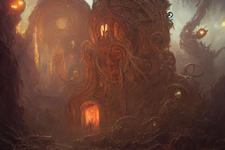 Image similar to a lovecraftian painting of a demonic portal, cosmic horror elements, ultra realistic, concept art, intricate details, eerie, highly detailed, photorealistic, octane render, 8 k, unreal engine. art by artgerm and greg rutkowski and alphonse mucha