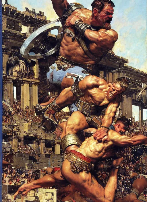 Image similar to huge warrior jocko willink vs godlike achilles at the walls of troy, dynamic action science fiction, by john berkey and lawrence alma tadema and rick berry and norman rockwell and jack kirby