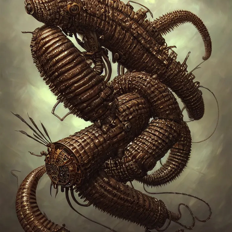 Image similar to steampunk scolopendra, 3 d model, unreal engine realistic render, 8 k, micro detail, intricate, elegant, highly detailed, centered, digital painting, artstation, smooth, sharp focus, illustration, artgerm, tomasz alen kopera, wlop