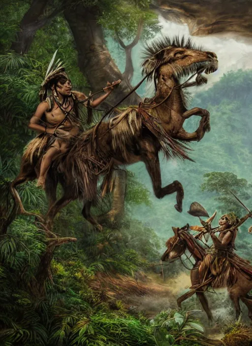 Image similar to two indigenous people hunting together in the jungle, fantasy art, highly detailed, matte painting