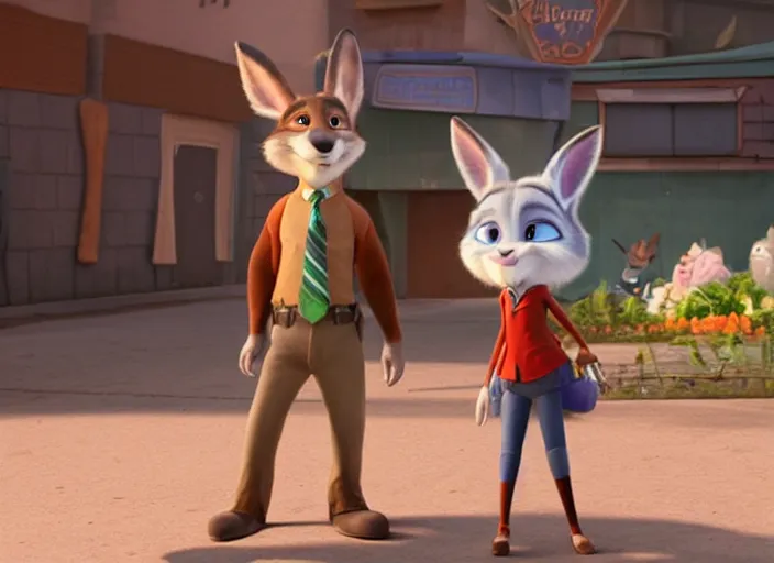 Image similar to Mr. Wolf from Bad Guys is being arrested by Judy Hopps from Zootopia. 3D pixar animation frame