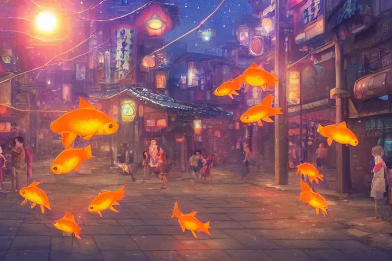 Prompt: fantasy art of glowing goldfish swimming in the air, in the streets of a japanese town at night, with people watching in wonder, by studio ghibli, highly detailed digital art, trending on artstation
