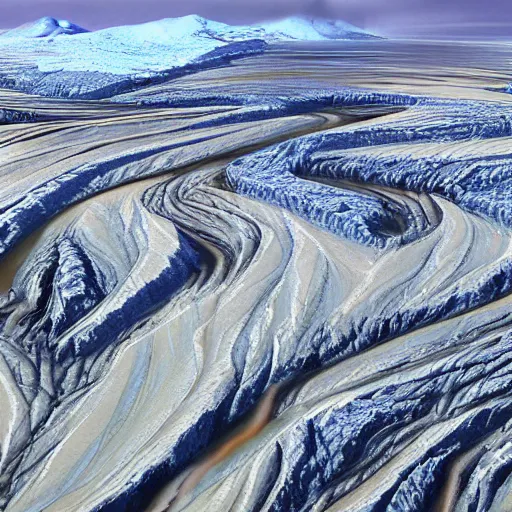 Image similar to aerial shot of permafrost rupturing in siberia, climate change, hyper realism, 8 k, hyper detailed