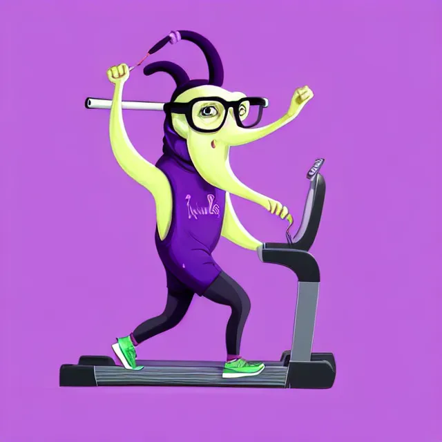 Prompt: epic professional digital cartoon art of a smiling cartoon anteater with glasses and a purple sweatband, wearing a purple sweatsuit, exercising on a treadmill in a gym, best on artstation, cgsociety, wlop, Behance, pixiv, cosmic, epic, stunning, gorgeous, flat colours, much wow, masterpiece