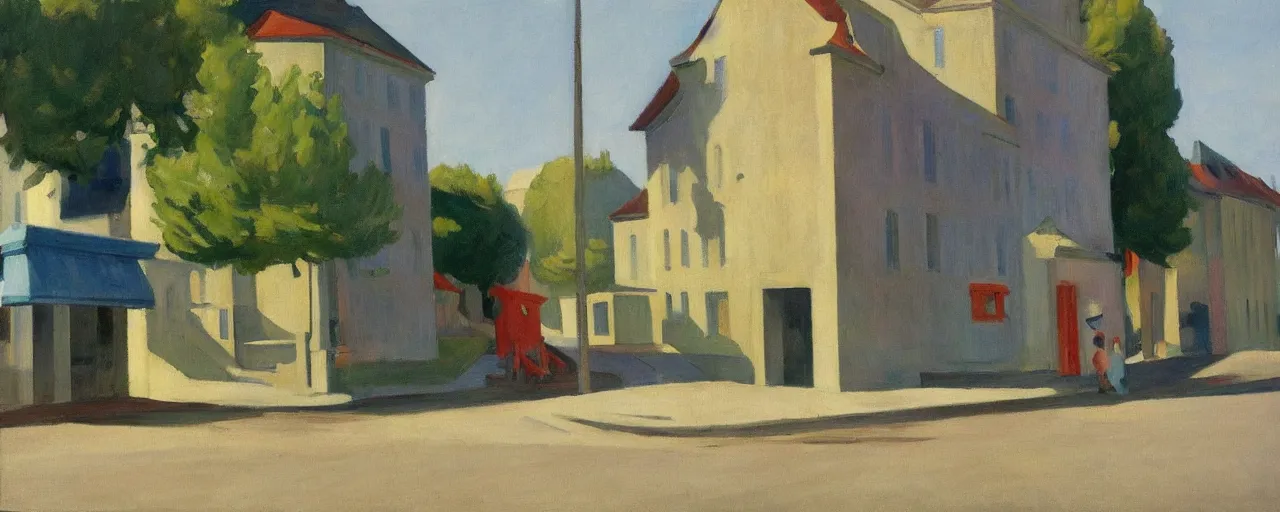 Prompt: an edward hopper style painting of a ( ( ( ( ( ( ( ( miskolc, a city in northeastern hungary ) ) ) ) ) ) ) ), early - summer, june of 1 9 4 8