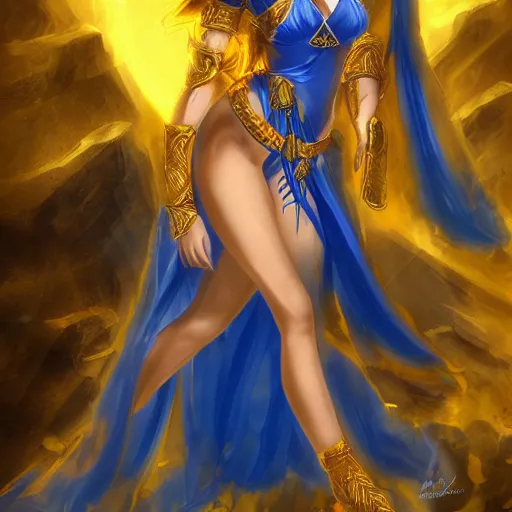 Image similar to seductive divine goddess with bright blue eyes and golden robe in a dark cave, digital art dnd beyond trending on art station,