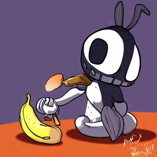 Image similar to digital art of hollow knight eating a banana, artstation