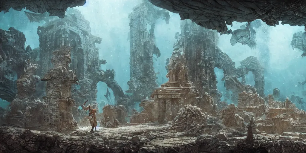 Image similar to Underwater ancient temple, statues, rubble, broken pillars, fishes, coral, Monster Hunter Illustrations art book, Moebius, Greg Rutkowski, Zabrocki, Karlkka, Jayison Devadas, Phuoc Quan, trending on Artstation, 8K, ultra wide angle, zenith view, pincushion lens effect.