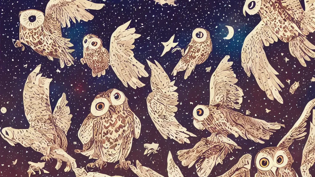 Image similar to very detailed, ilya kuvshinov, mcbess, rutkowski, watercolor quilt illustration of owls flying at night, stars, colorful, deep shadows, astrophotography, highly detailed, wide shot