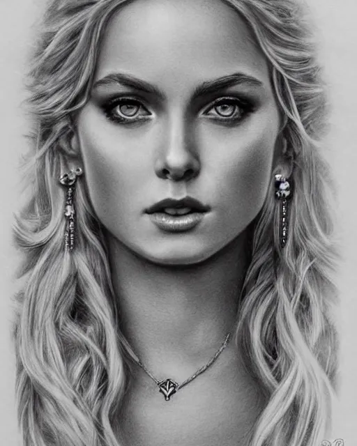 Image similar to pencil drawing of a beautiful greek goddess aphrodite with arrowhead jewelry, beautiful piercing eyes, beautiful blonde hair, hyper realistic face, in the style of greg rutkowski, fantasy, amazing detail, epic, elegant, smooth, sharp focus, from the front