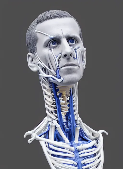 Image similar to a bust sculpture of anatomical detailed cyborg, steve carell, blue blood, become human, ceramic base, orthographic, studio lighting