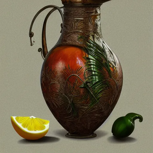 Image similar to still art, antique jug with palms inside, old candle, much vegetables, lemon, orange, pepper, cinematic light, detailed, digital art, concept art, trending on artstation, highly detailed, intricate, sharp focus, digital art, 8 k