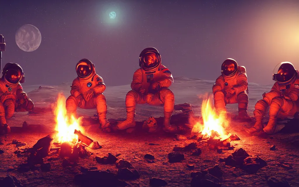 Image similar to Three astronauts sitting around a campfire on a desolate planet, digital art, 4k, ArtStation, epic composition, unreal engine