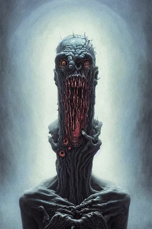 Prompt: potrait of a scary monster that has crooked teeth a weird accent and drinks hot water, by zdzislaw beksinski, by dariusz zawadzki, by wayne barlowe, gothic, surrealism, cosmic horror, lovecraftian, cold hue's, warm tone gradient background, concept art, beautiful composition