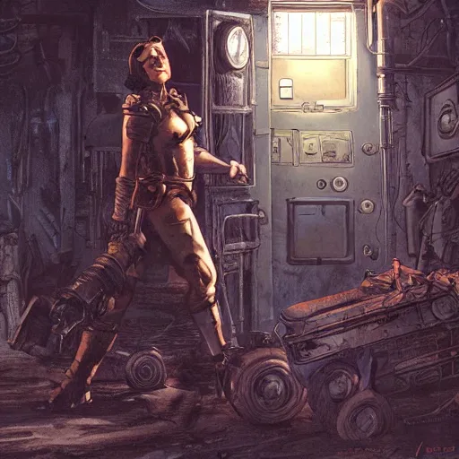 Image similar to fallout 5, concept art drawings of the opening scene, storyboard, concept art, comic style, female protagonist and armoured feline companion, atmospheric lighting, painted, intricate, volumetric lighting, beautiful, gritty, rich deep colours masterpiece, sharp focus, ultra detailed by jack kirby, ignacio fernandez rios, thierry doizon