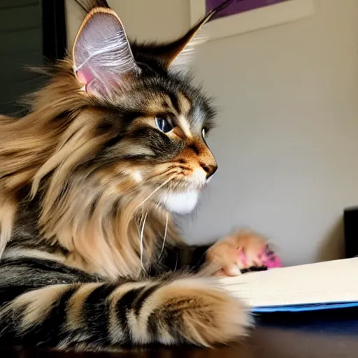 Prompt: my maine coon cat typing up a list of grievances to email to the management about the lack of treats. 3D, Pixar, animated movie still