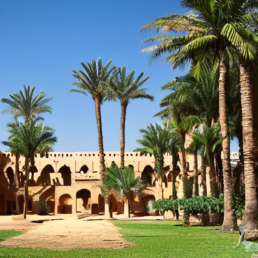 Image similar to landscape photograph of a large najdi mud house palace with gardens and palm trees. Detailed