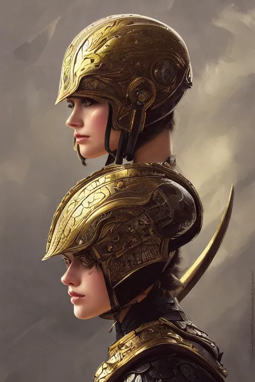 Prompt: an attractive female warrior, ornate metallic helmet, battle armor, olive skin, long dark hair, beautiful bone structure, elegant, highly detailed, digital painting, trending on Artstation, concept art, smooth, sharp focus, illustration, art by artgerm and greg rutkowski and alphonse mucha