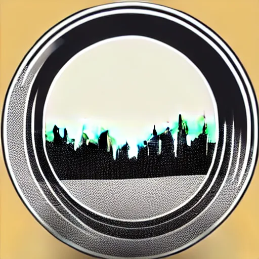 Prompt: a perfect circle, around the outer edge of the circle is the silhouette of a city skyline, inside the circle is empty, black and white, minimalist, in the style of a line drawing