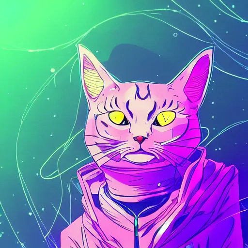 Image similar to anime cat, portrait, vaporwave, synthwave, neon, vector graphics, cinematic, volumetric lighting, f 8 aperture, cinematic eastman 5 3 8 4 film, photorealistic