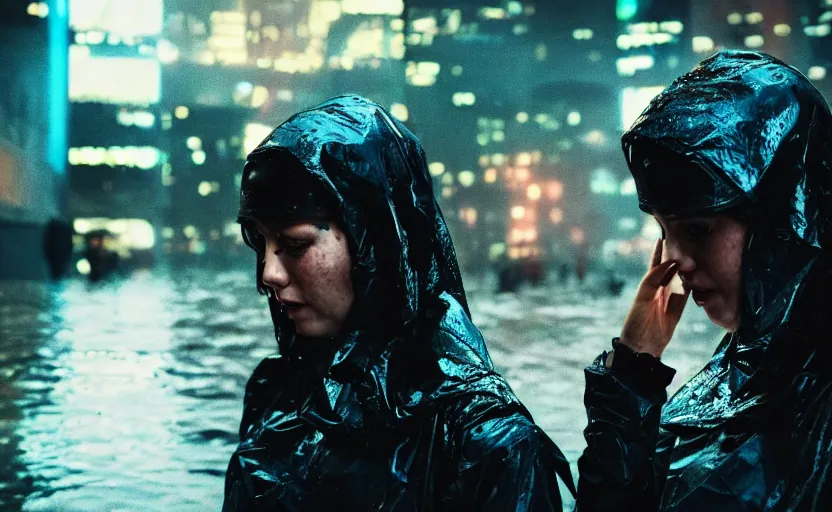 Image similar to cinestill 5 0 d candid photographic portrait by steve mccurry of two loving female androids sobbing wearing rugged black mesh techwear in treacherous waters, flooded city, medium closeup, retrofuturism cyberpunk moody emotional cinematic, pouring iridescent rain bright spotlight helicopter, 8 k, hd, high resolution, 3 5 mm, f / 3 2, ultra realistic faces, ex machina