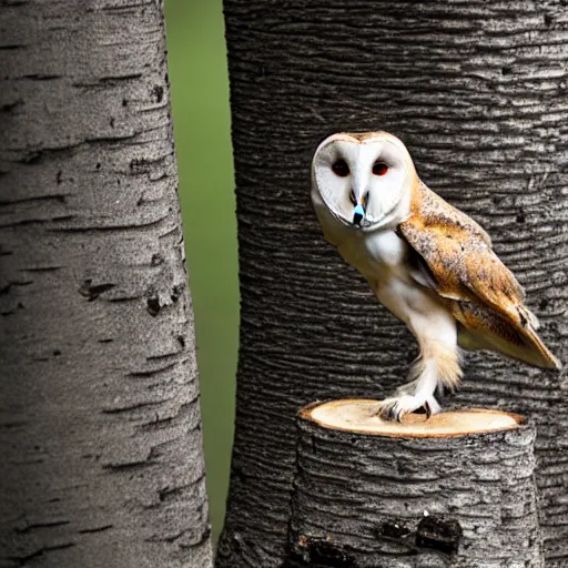 Image similar to ”A barn owl sitting on a Nike shoe standing on a birch stump, 4K, Sigma 55”