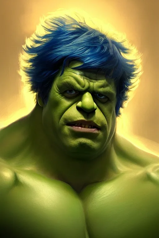 Image similar to Boris Johnson as Hulk, visible face, Boris Johnson hairstyle, full body realistic portrait, gold and blue, highly detailed, digital painting, artstation, concept art, smooth, sharp focus, illustration, cinematic lighting, art by artgerm and greg rutkowski and alphonse mucha