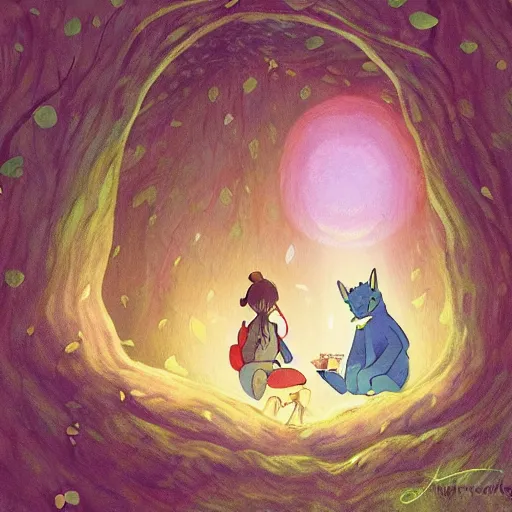 Image similar to a faerie and firefly couple living inside a hollow in a tree, masterpiece soft focus painting by kerascoet by marie pommepuy and sebastien cosset by studio ghibli, award winning illustration, bande dessinee, nostalgic painting, dynamic lighting