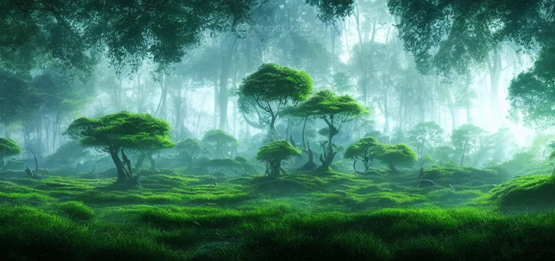 Image similar to beautiful glowing forest, white city far away, blue sky, alien round shape, green plants, futuristic, magical feeling, detailed, digital art