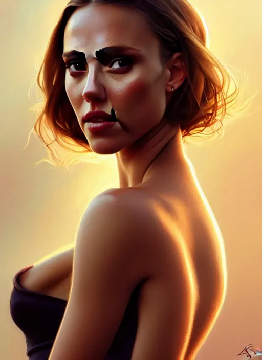 Image similar to half Jessica Alba half Nathalie Portman half scarlett johansonna pure seductive angel, full body portrait, slight smile, diffuse natural sun lights, autumn lights, highly detailed, digital painting, artstation, concept art, sharp focus, illustration, art by wlop and greg rutkowski and alphonse mucha and artgerm