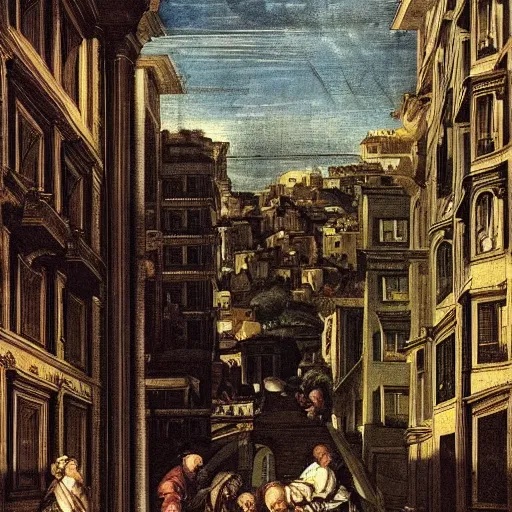 Image similar to print. a cityscape. the different colors and shapes represent different parts of the city. renaissance, dandelion by annibale carracci