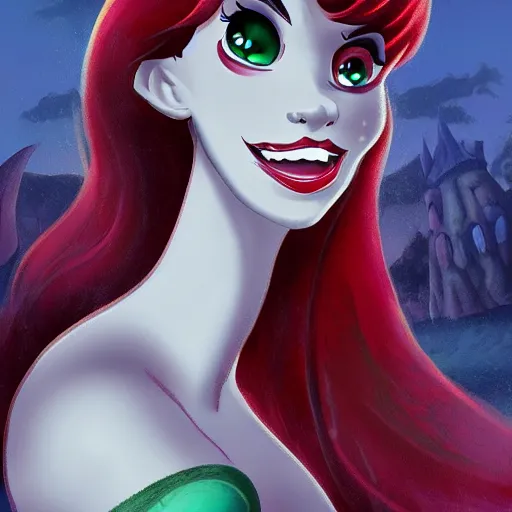 Prompt: Ariel from the little mermaid as a vampire, feeding on prince Eric's , Disney cartoon, gritty, extremely detailed, artstation