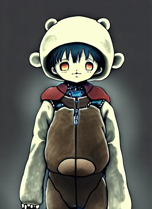 Image similar to beautiful little boy wearing an cyborg bear suit, artwork in kentaro miura and made in abyss and rosdraws, smooth, beautiful lightness, anatomically correct, trending on pixiv, forest