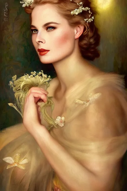 Prompt: A young and extremely beautiful Grace Kelly explaining the birds and the bees by Tom Bagshaw in the style of a modern Gaston Bussière, art nouveau, art deco, surrealism. Extremely lush detail. Perfect composition and lighting. Profoundly surreal. Lush surrealistic photorealism. Sultry expression on her face.