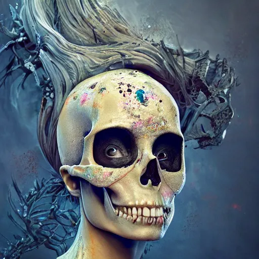 Image similar to full body pose, hyperrealistic mixed media painting of beautiful skull woman, dim volumetric lighting, 8 k, octane beautifully detailed render, extremely hyper detailed, intricate, epic composition, cinematic lighting, masterpiece, trending on artstation, very very detailed, masterpiece, stunning, hdr, smooth, sharp focus, high resolution, award, winning photo, dslr, 5 0 mm