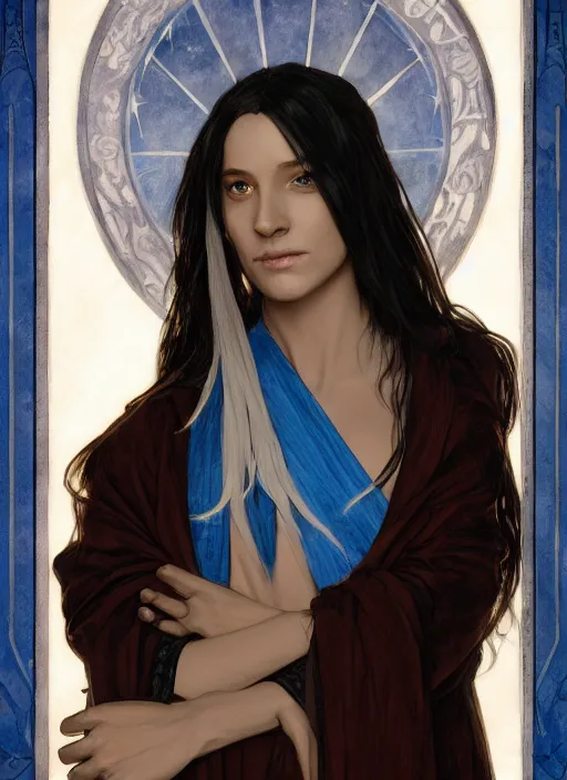 Image similar to medium - length portrait of a wizard, arcane sigils hovering over her hands, with long white hair and glowing blue eyes, dark brown skin, stern expression, wears a long robe, medieval setting, dramatic pose, highly detailed, digital painting, artstation, concept art, sharp focus, illustration, art by greg rutkowski and alphonse mucha