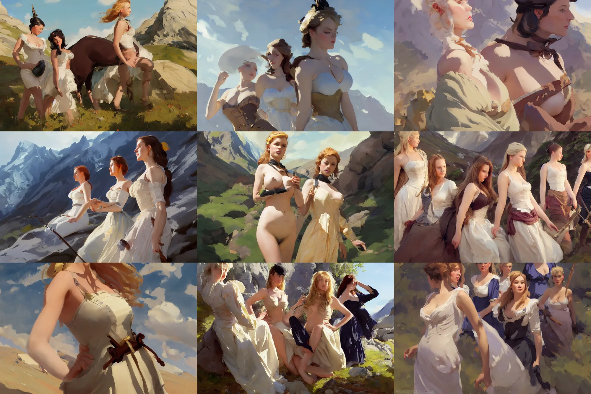 Prompt: five of beautiful finnish norwegian swedish scandinavian attractive glamour models wearing 1 7 th century bodice with low neckline walking in the mountains in a sunny day, jodhpurs greg manchess painting by sargent and leyendecker, studio ghibli fantasy close - up shot asymmetrical intricate elegant matte painting illustration hearthstone, by greg rutkowski by greg tocchini by james gilleard