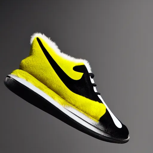 Prompt: nike model shoe made of very fluffy yellow and black faux fur placed on reflective surface, sonic colors professional advertising, overhead lighting, heavy detail, realistic by nate vanhook, mark miner