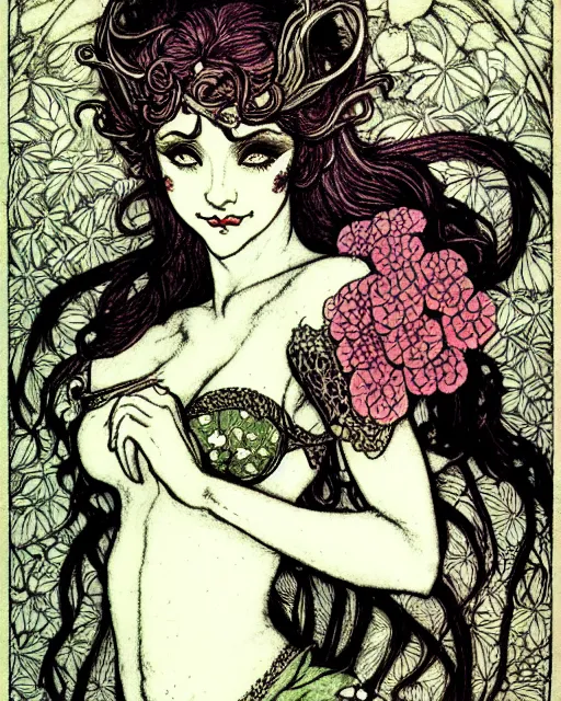 Image similar to burlesque elf, flowers in hair, fantasy character portrait, ultra realistic, concept art, intricate details, art nouveau, japanese woodblock, cinematic, highly detailed by arthur rackham