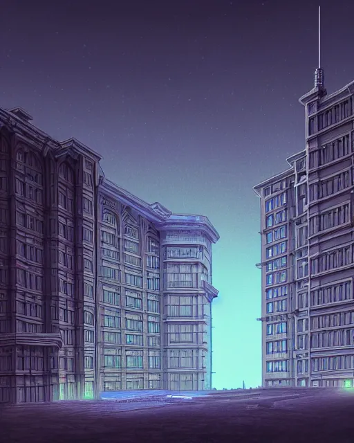 Image similar to a beautiful detailed highly detailed building unfinished building city architecture military hospital by louis kahn, apocalyptic sunlight uv light rainforest lightpaint at night studio ghibli at dusk myst at dawn retrowave synthwave nightsky cyberpunk, archdaily, wallpaper, highly detailed, trending on artstation.