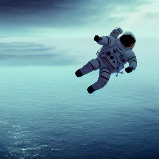 Prompt: photo of dying astronaut floating in sky over ocean, moody, atmospheric, 8k, unreal engine render, hyper realistic, sci fi