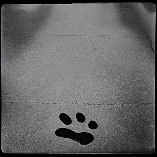 Image similar to wide-shot very low-angle eyesight first-person!! cat's paw prints on fresh cement at the street, polaroid photo, by Andy Warhol