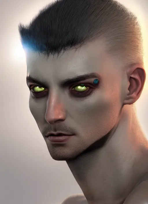 Image similar to buzzcut hair stubble male, aphelios draven, dndbeyond, bright, realistic, dnd character portrait, full body, art by ralph horsley, dnd, rpg, lotr game design fanart by concept art, behance hd, artstation, deviantart, global illumination radiating a glowing aura global illumination ray tracing hdr render in unreal engine 5